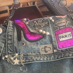 Women’s Denim Shoulder Bag with Pink Sequin Details